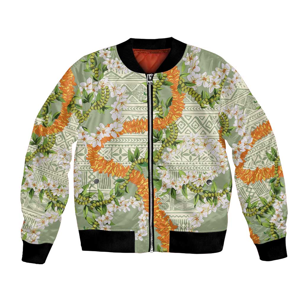 Aloha Festive Hawaii Bomber Jacket Mokihana - Maile Leis in Muted Summer LT7 Unisex Sage Green - Polynesian Pride