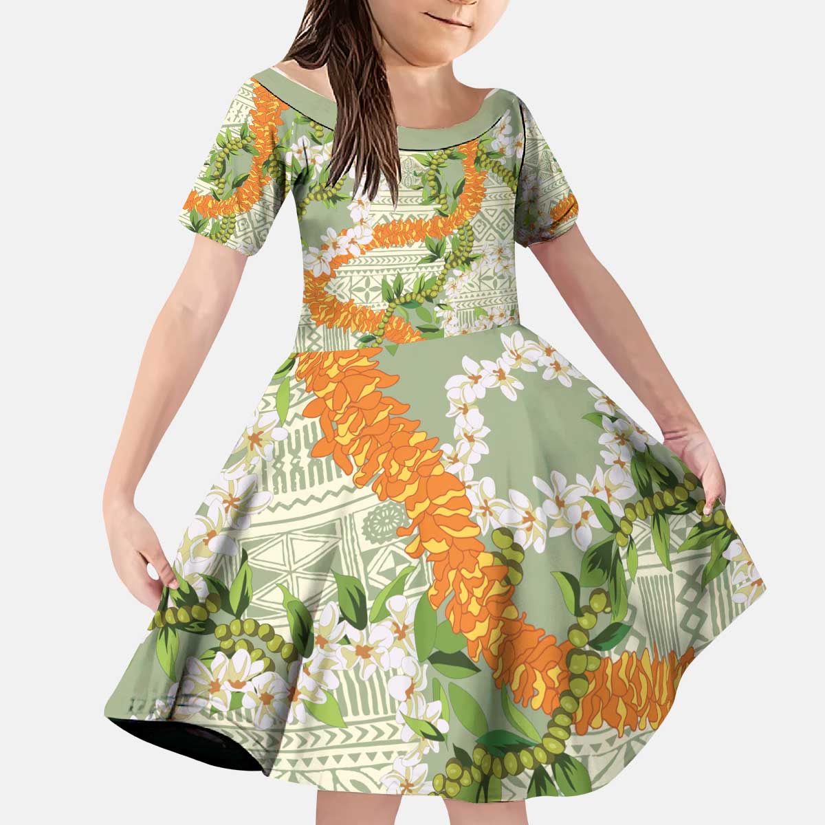 Aloha Festive Hawaii Kid Short Sleeve Dress Mokihana - Maile Leis in Muted Summer LT7 KID Sage Green - Polynesian Pride