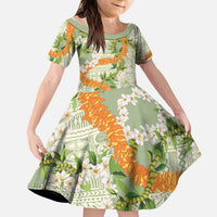 Aloha Festive Hawaii Kid Short Sleeve Dress Mokihana - Maile Leis in Muted Summer LT7 KID Sage Green - Polynesian Pride