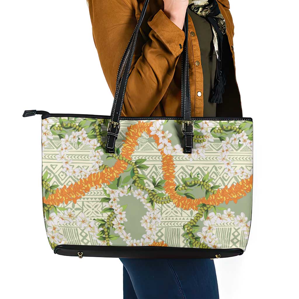Aloha Festive Hawaii Leather Tote Bag Mokihana - Maile Leis in Muted Summer LT7 - Polynesian Pride