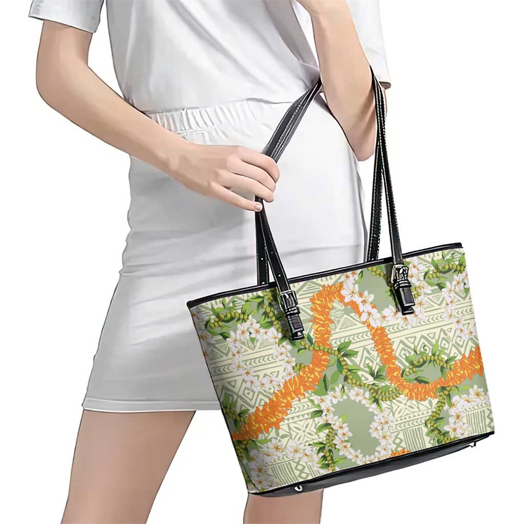 Aloha Festive Hawaii Leather Tote Bag Mokihana - Maile Leis in Muted Summer LT7 - Polynesian Pride