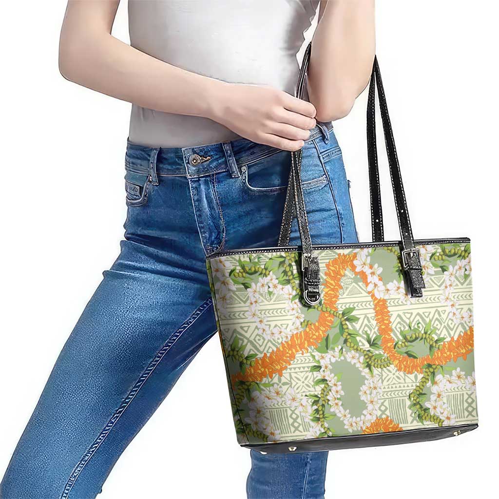 Aloha Festive Hawaii Leather Tote Bag Mokihana - Maile Leis in Muted Summer LT7 - Polynesian Pride