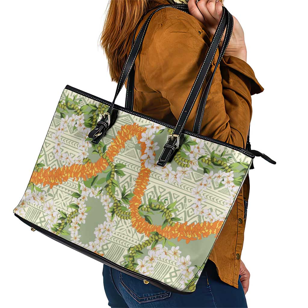 Aloha Festive Hawaii Leather Tote Bag Mokihana - Maile Leis in Muted Summer LT7 - Polynesian Pride