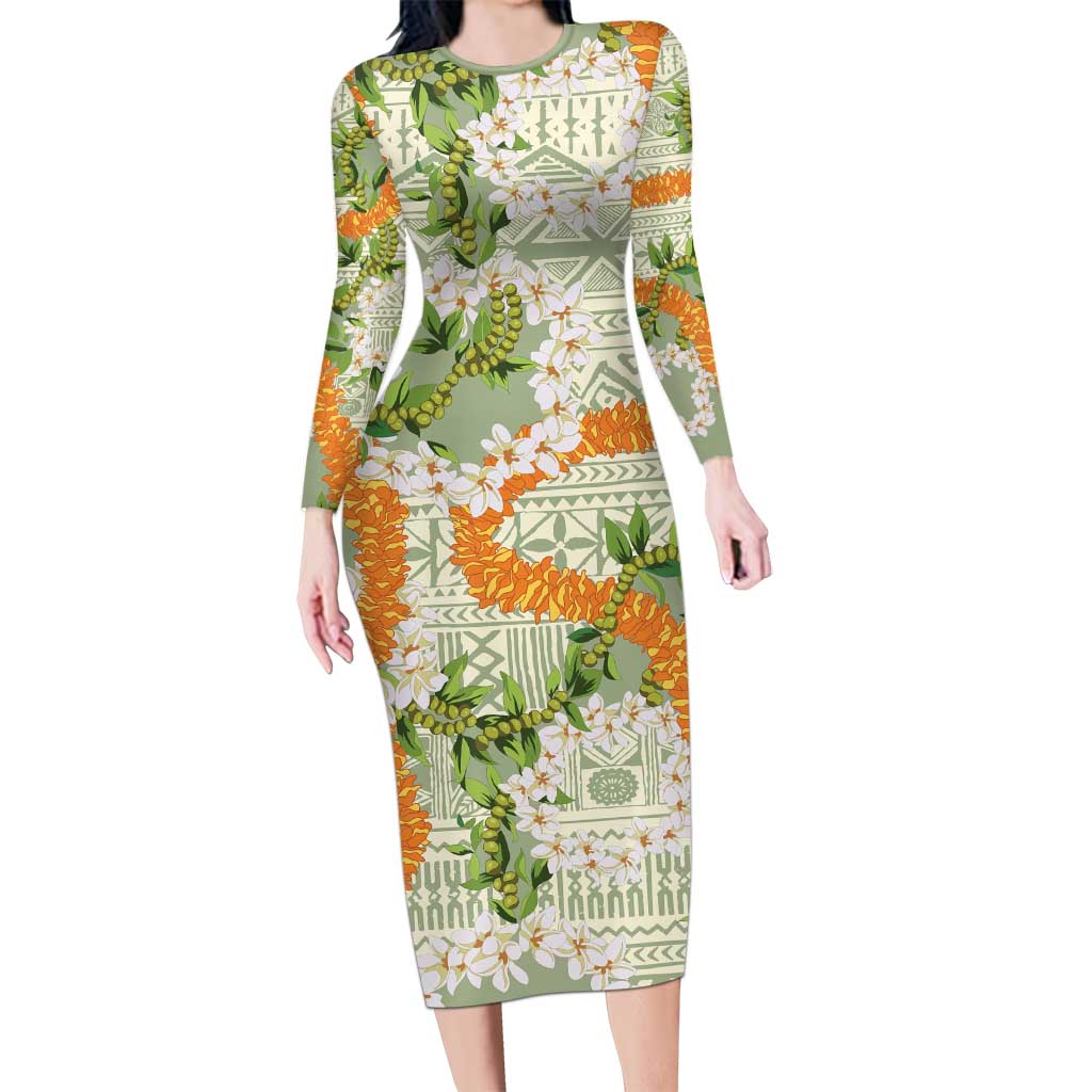 Aloha Festive Hawaii Long Sleeve Bodycon Dress Mokihana - Maile Leis in Muted Summer LT7 Long Dress Sage Green - Polynesian Pride