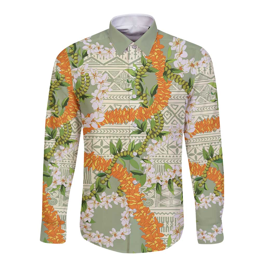 Aloha Festive Hawaii Long Sleeve Button Shirt Mokihana - Maile Leis in Muted Summer LT7 Unisex Sage Green - Polynesian Pride