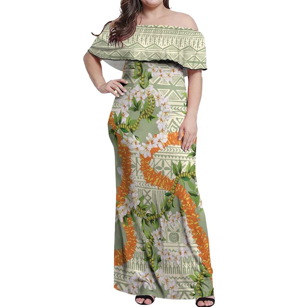 Aloha Festive Hawaii Off Shoulder Maxi Dress Mokihana - Maile Leis in Muted Summer LT7 Women Sage Green - Polynesian Pride