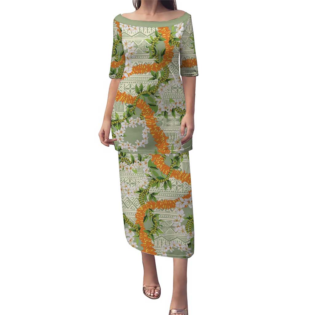 Aloha Festive Hawaii Puletasi Mokihana - Maile Leis in Muted Summer LT7 Long Dress Sage Green - Polynesian Pride
