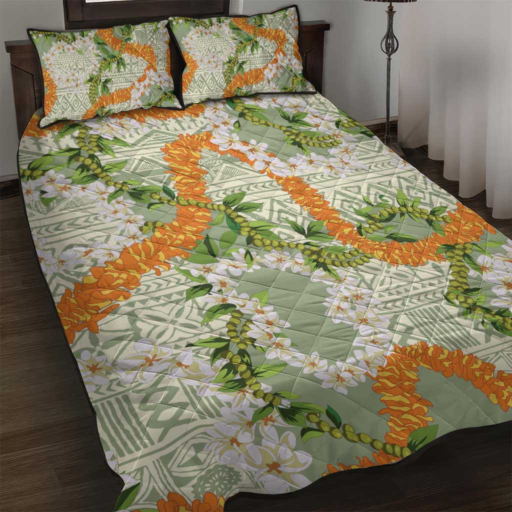 Aloha Festive Hawaii Quilt Bed Set Mokihana - Maile Leis in Muted Summer LT7 Sage Green - Polynesian Pride