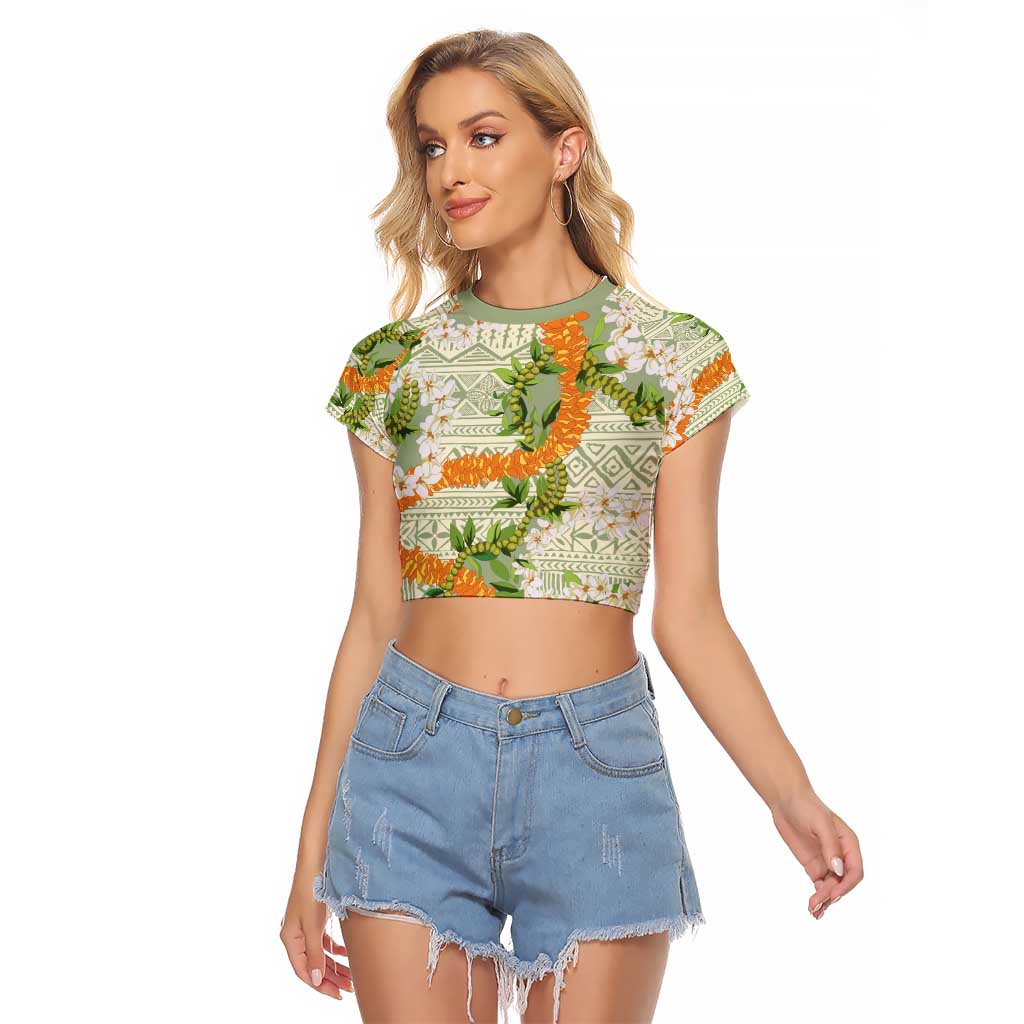 Aloha Festive Hawaii Raglan Cropped T Shirt Mokihana - Maile Leis in Muted Summer LT7 Female Sage Green - Polynesian Pride