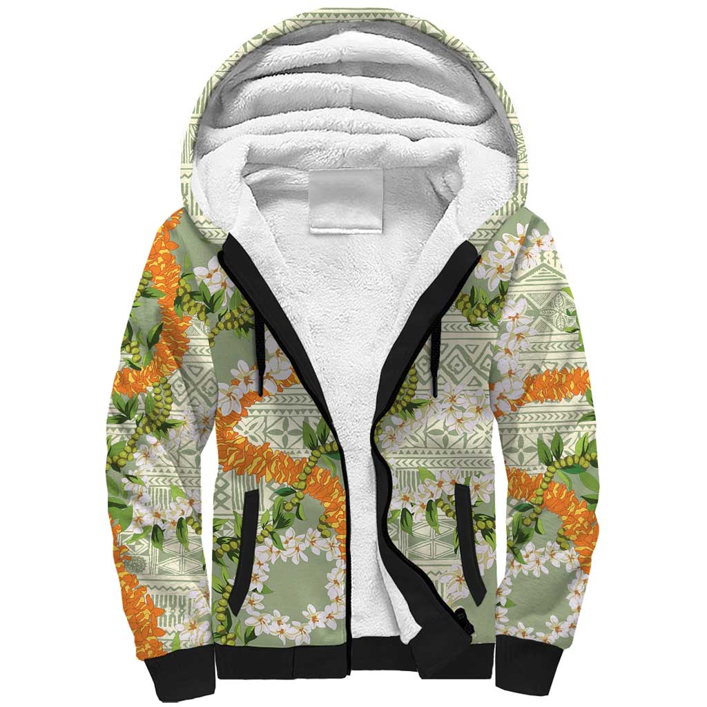 Aloha Festive Hawaii Sherpa Hoodie Mokihana - Maile Leis in Muted Summer LT7 Unisex Sage Green - Polynesian Pride