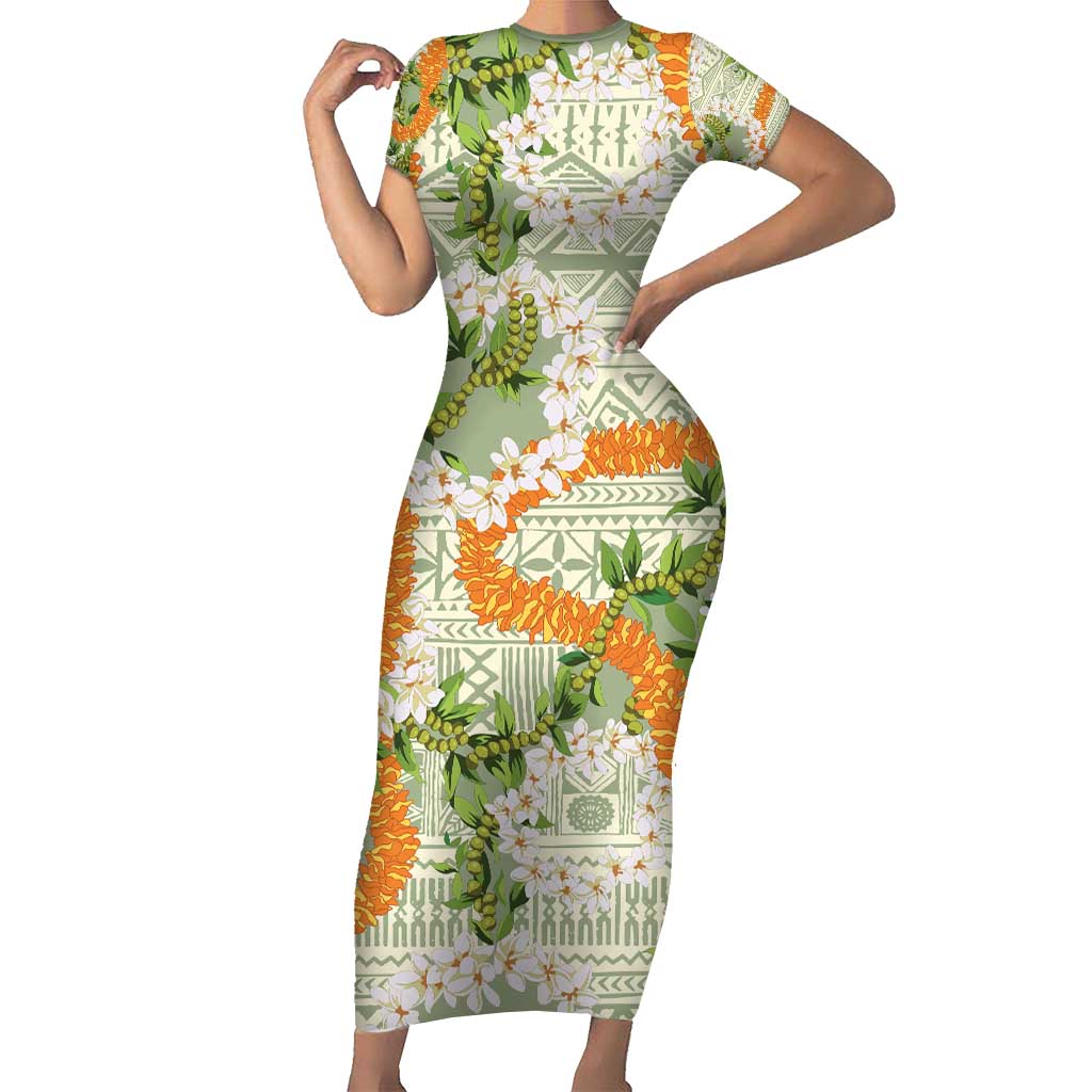 Aloha Festive Hawaii Short Sleeve Bodycon Dress Mokihana - Maile Leis in Muted Summer LT7 Long Dress Sage Green - Polynesian Pride