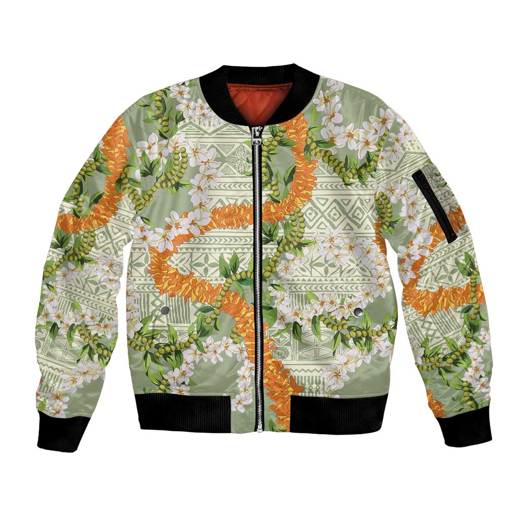 Aloha Festive Hawaii Sleeve Zip Bomber Jacket Mokihana - Maile Leis in Muted Summer LT7 Unisex Sage Green - Polynesian Pride
