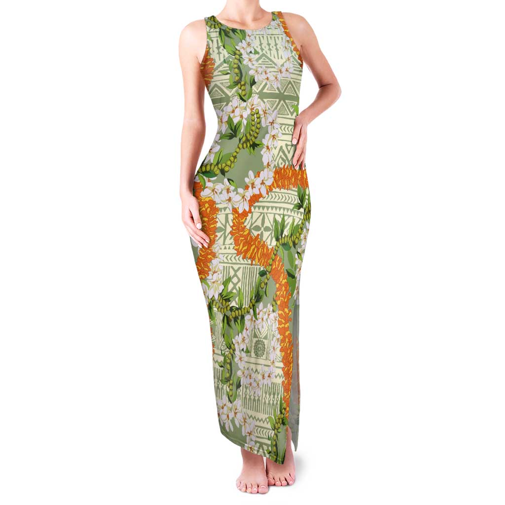 Aloha Festive Hawaii Tank Maxi Dress Mokihana - Maile Leis in Muted Summer LT7 Women Sage Green - Polynesian Pride