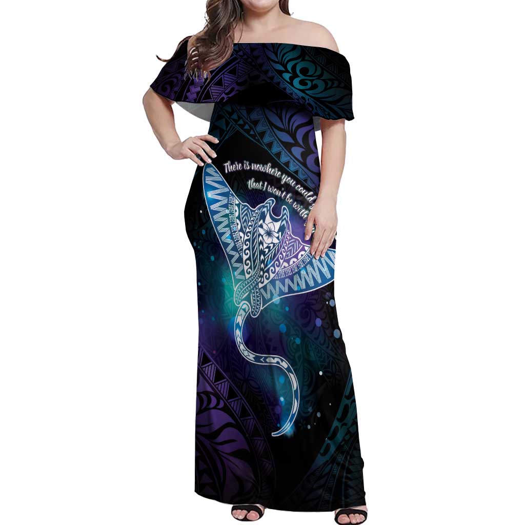 Polynesian Tala Manta Ray Off Shoulder Maxi Dress Nowhere You Could Go That I Won't Be With You LT7 Women Purple Teal - Polynesian Pride