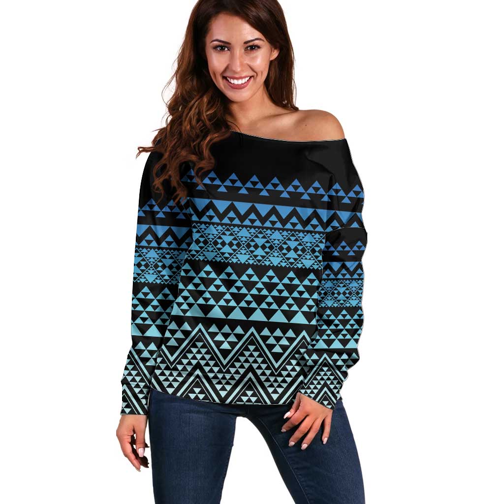 Maori Niho Taniwha Te Wheiao Off Shoulder Sweater Moana Blue LT7 Women Blue - Polynesian Pride