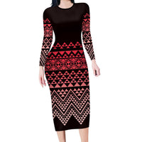 Maori Niho Taniwha Te Wheiao Long Sleeve Bodycon Dress Terracotta LT7 Long Dress Terracotta - Polynesian Pride