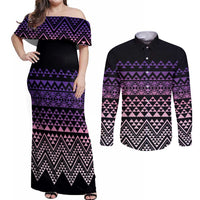 Maori Niho Taniwha Te Wheiao Couples Matching Off Shoulder Maxi Dress and Long Sleeve Button Shirt Waiporoporo LT7 Purple - Polynesian Pride