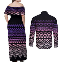 Maori Niho Taniwha Te Wheiao Couples Matching Off Shoulder Maxi Dress and Long Sleeve Button Shirt Waiporoporo LT7 - Polynesian Pride