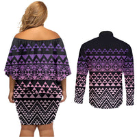 Maori Niho Taniwha Te Wheiao Couples Matching Off Shoulder Short Dress and Long Sleeve Button Shirt Waiporoporo LT7 - Polynesian Pride