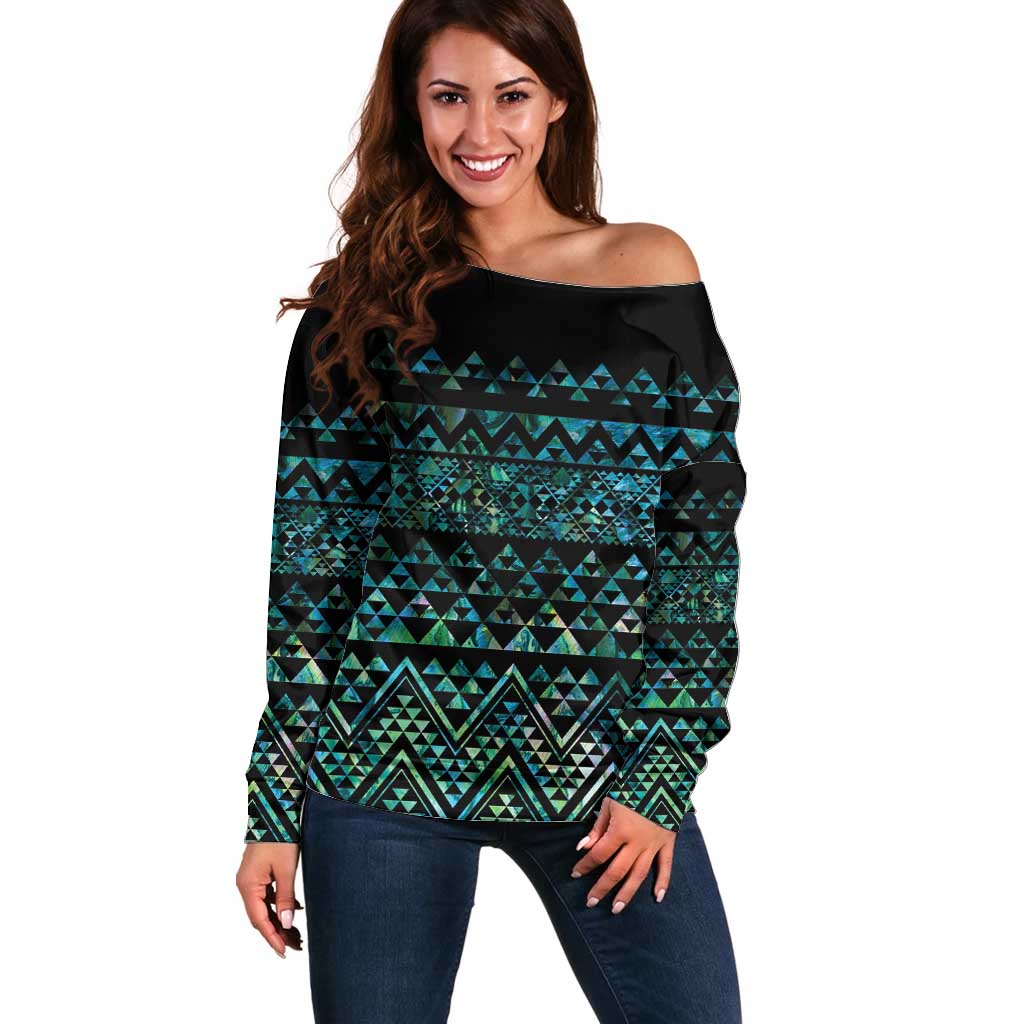 Maori Niho Taniwha Te Wheiao Off Shoulder Sweater Paua Shell LT7 Women Colorful - Polynesian Pride