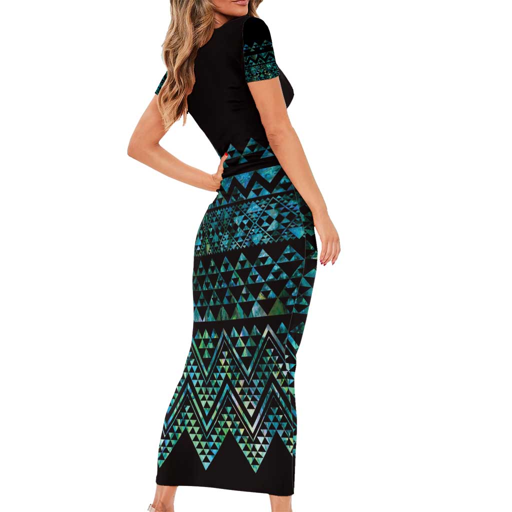Maori Niho Taniwha Te Wheiao Short Sleeve Bodycon Dress Paua Shell LT7 - Polynesian Pride