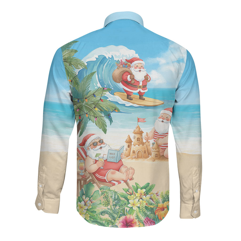 Tropical Christmas Funny Santa Long Sleeve Button Shirt Beach Vacation