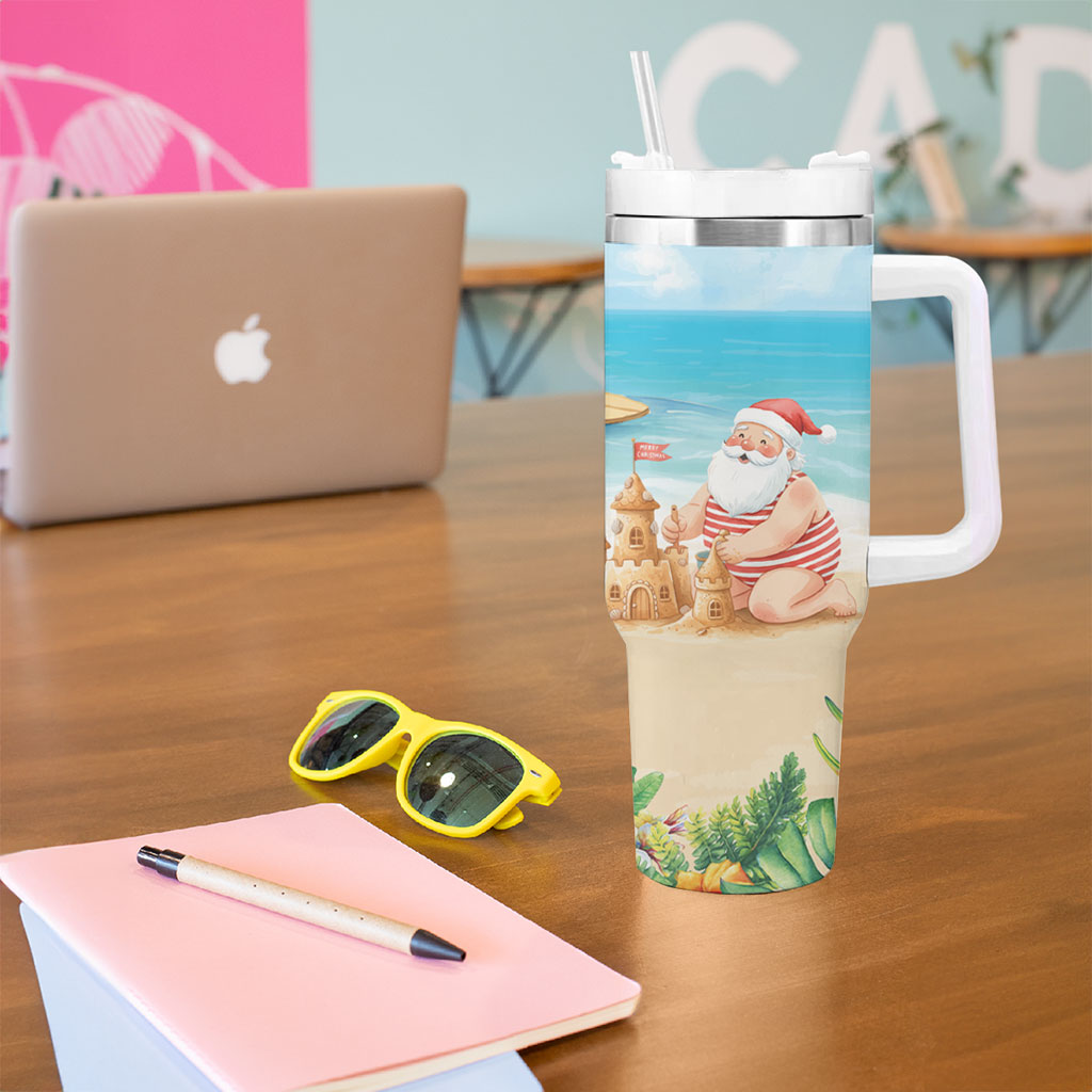 Tropical Christmas Funny Santa Tumbler With Handle Beach Vacation