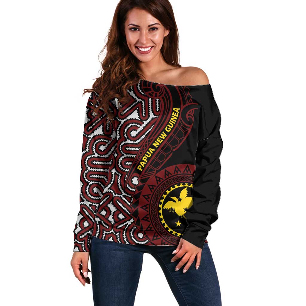 Papua New Guinea Oro Tapa Motif Off Shoulder Sweater Special LT7 Women Black - Polynesian Pride