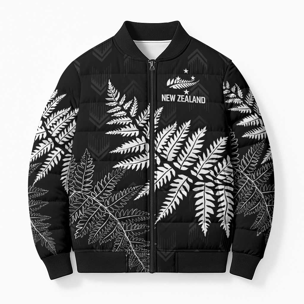 New Zealand Lawn Bowls Personalized Bomber Puffer Jacket Wrap-Around Silver Fern LT7 Unisex Black - Polynesian Pride