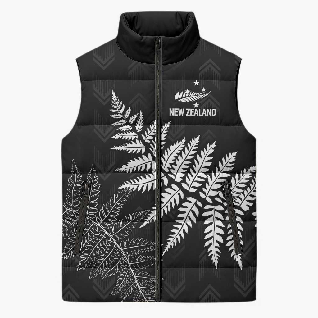 New Zealand Lawn Bowls Personalized Sleeveless Puffer Jacket Wrap-Around Silver Fern LT7 Unisex Black - Polynesian Pride