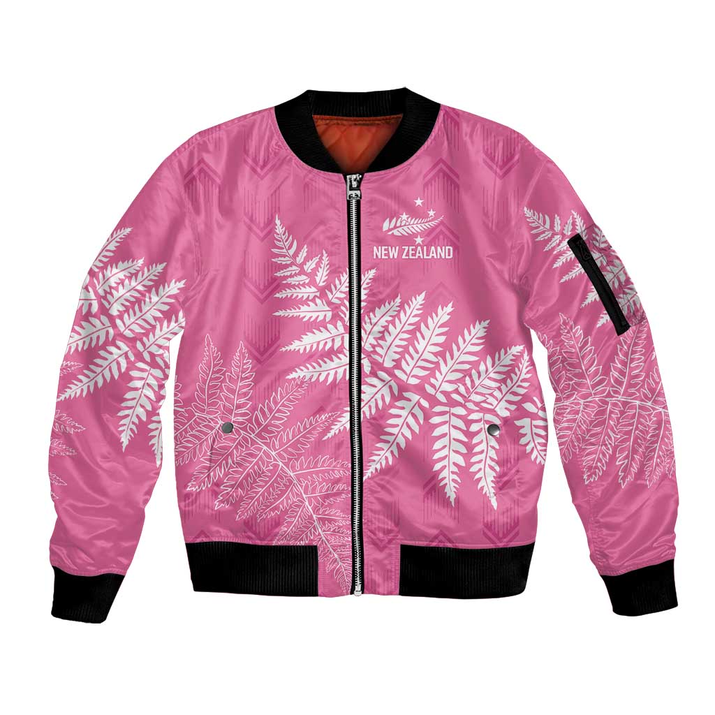 New Zealand Lawn Bowls Breast Cancer Personalized Sleeve Zip Bomber Jacket Wrap-Around Silver Fern LT7 Unisex Pink - Polynesian Pride