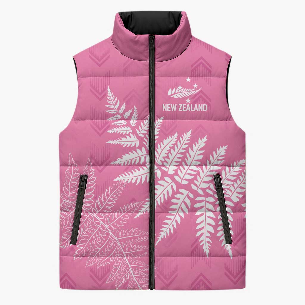 New Zealand Lawn Bowls Breast Cancer Personalized Sleeveless Puffer Jacket Wrap-Around Silver Fern LT7 Unisex Pink - Polynesian Pride