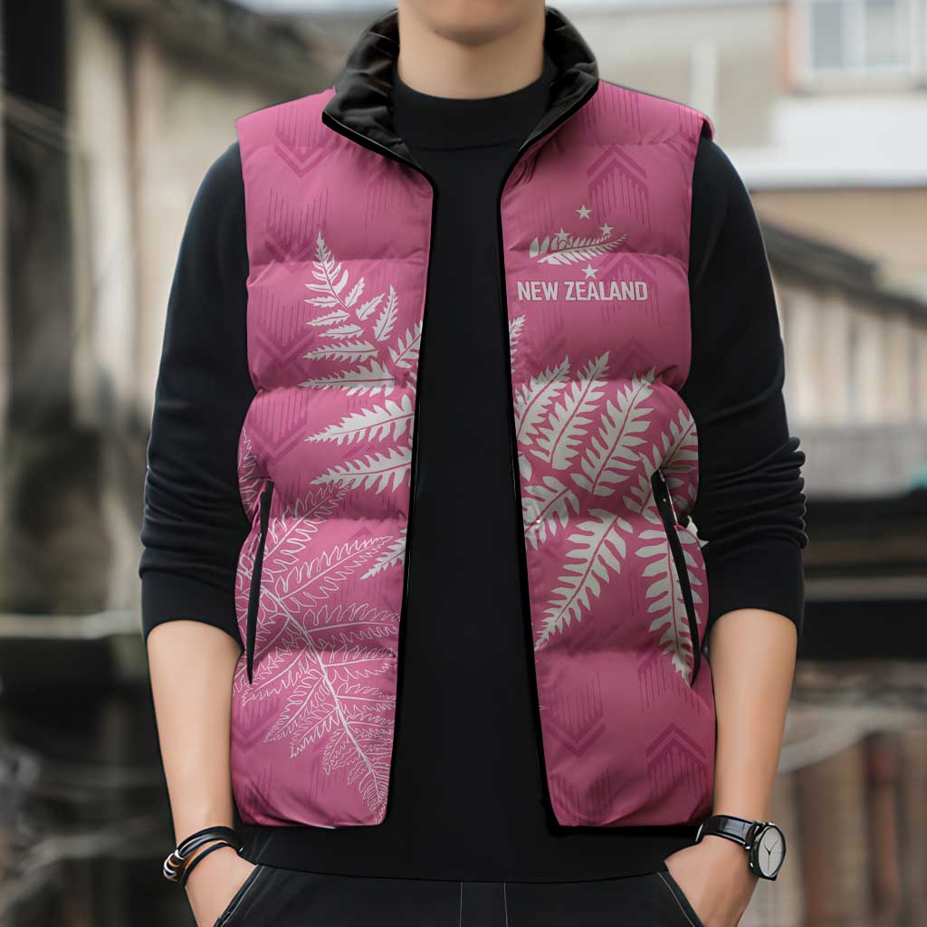 New Zealand Lawn Bowls Breast Cancer Personalized Sleeveless Puffer Jacket Wrap-Around Silver Fern LT7 - Polynesian Pride