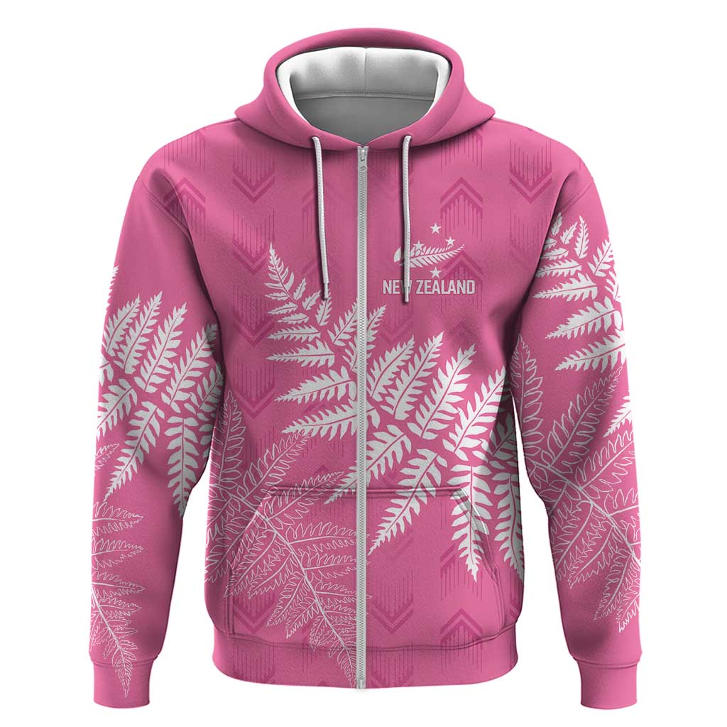 New Zealand Lawn Bowls Breast Cancer Personalized Zip Hoodie Wrap-Around Silver Fern LT7 Zip Hoodie Pink - Polynesian Pride