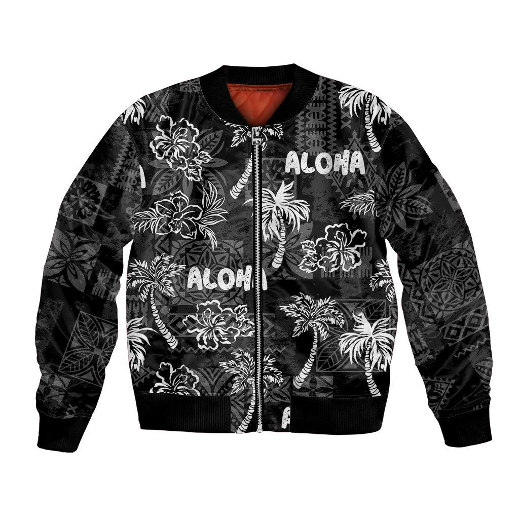 Aloha Vintage Quilt Bomber Jacket Hawaiian Seamless - Black LT7 Unisex Black - Polynesian Pride