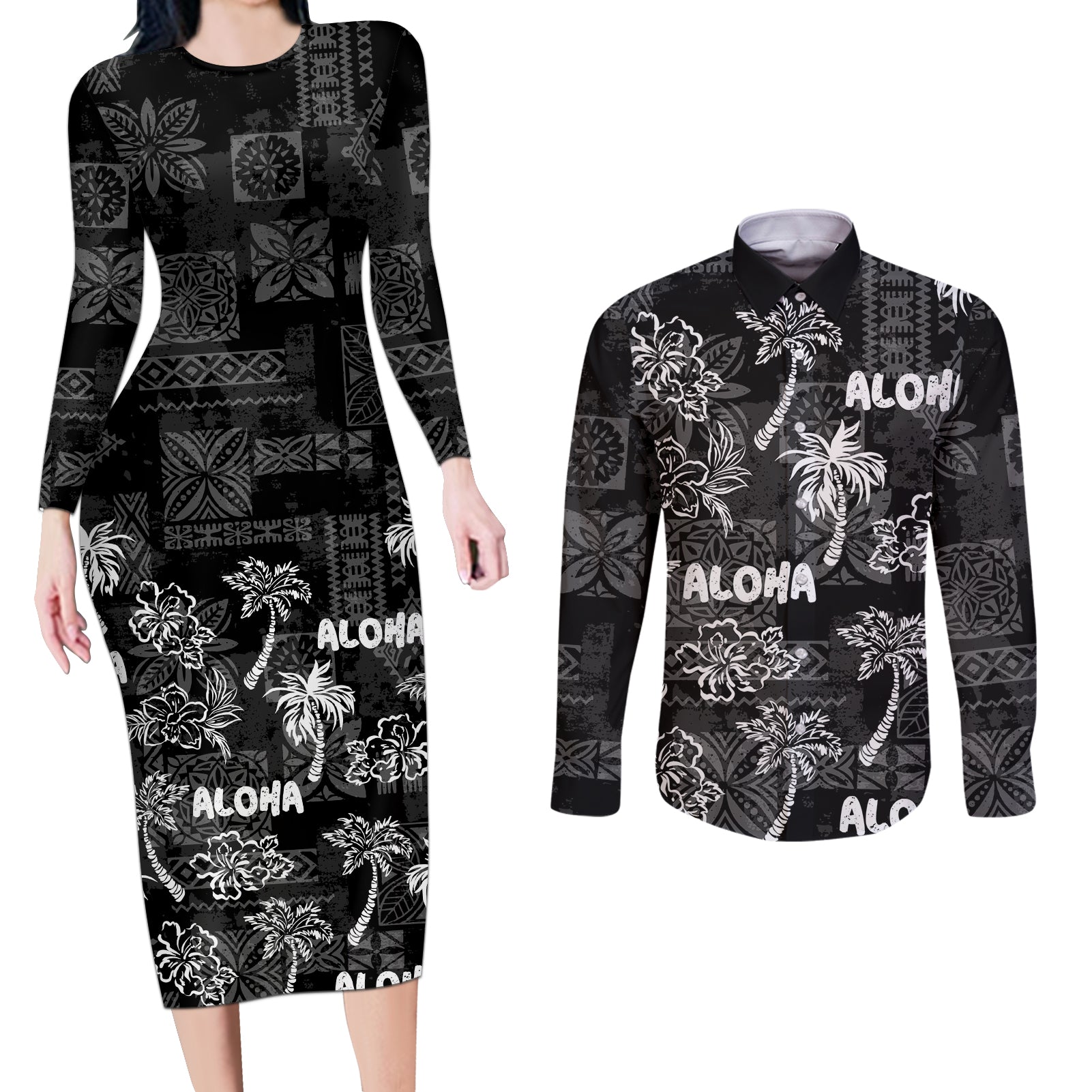 Aloha Vintage Quilt Couples Matching Long Sleeve Bodycon Dress and Long Sleeve Button Shirt Hawaiian Seamless - Black LT7 Black - Polynesian Pride