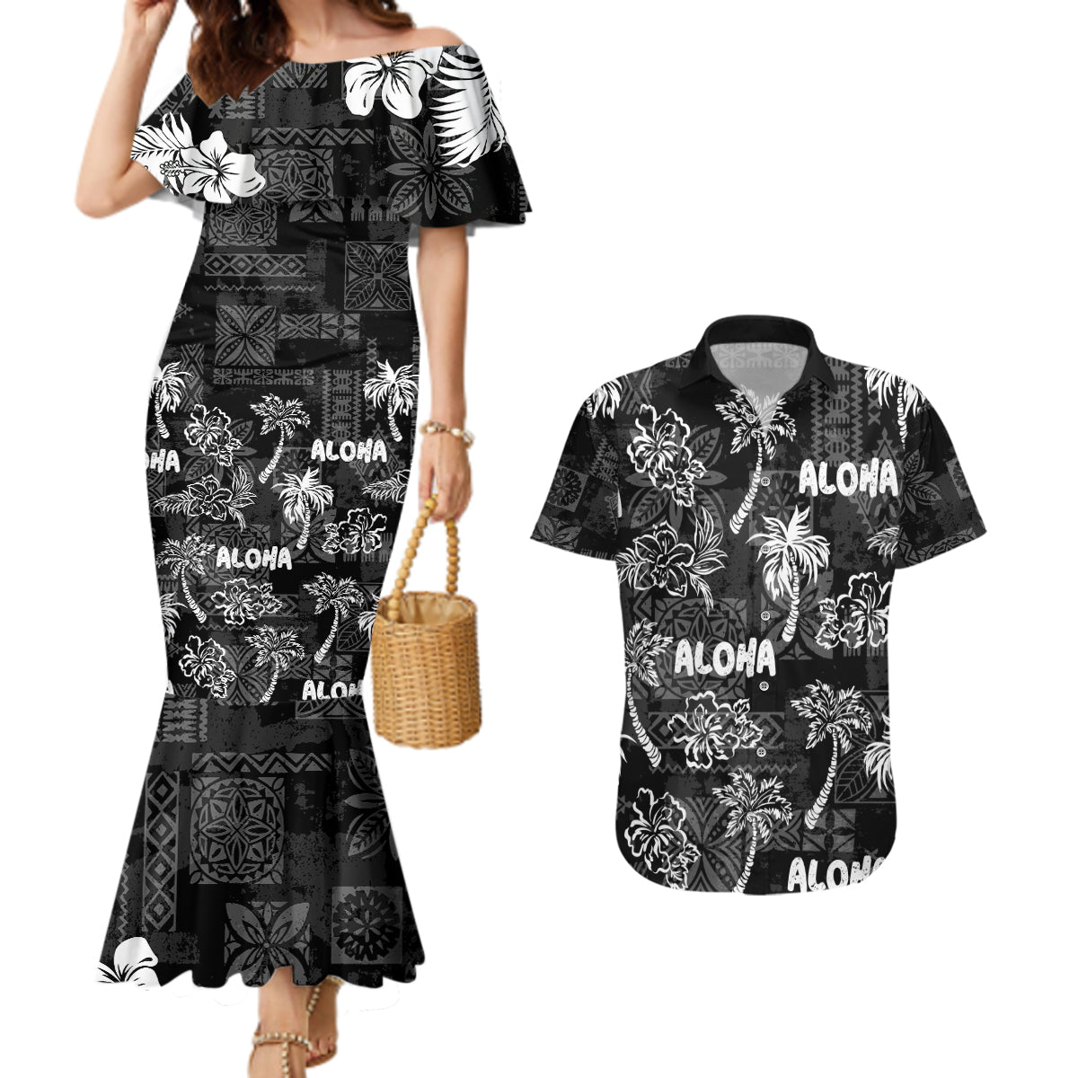 Aloha Vintage Quilt Couples Matching Mermaid Dress and Hawaiian Shirt Hawaiian Seamless - Black LT7 Black - Polynesian Pride