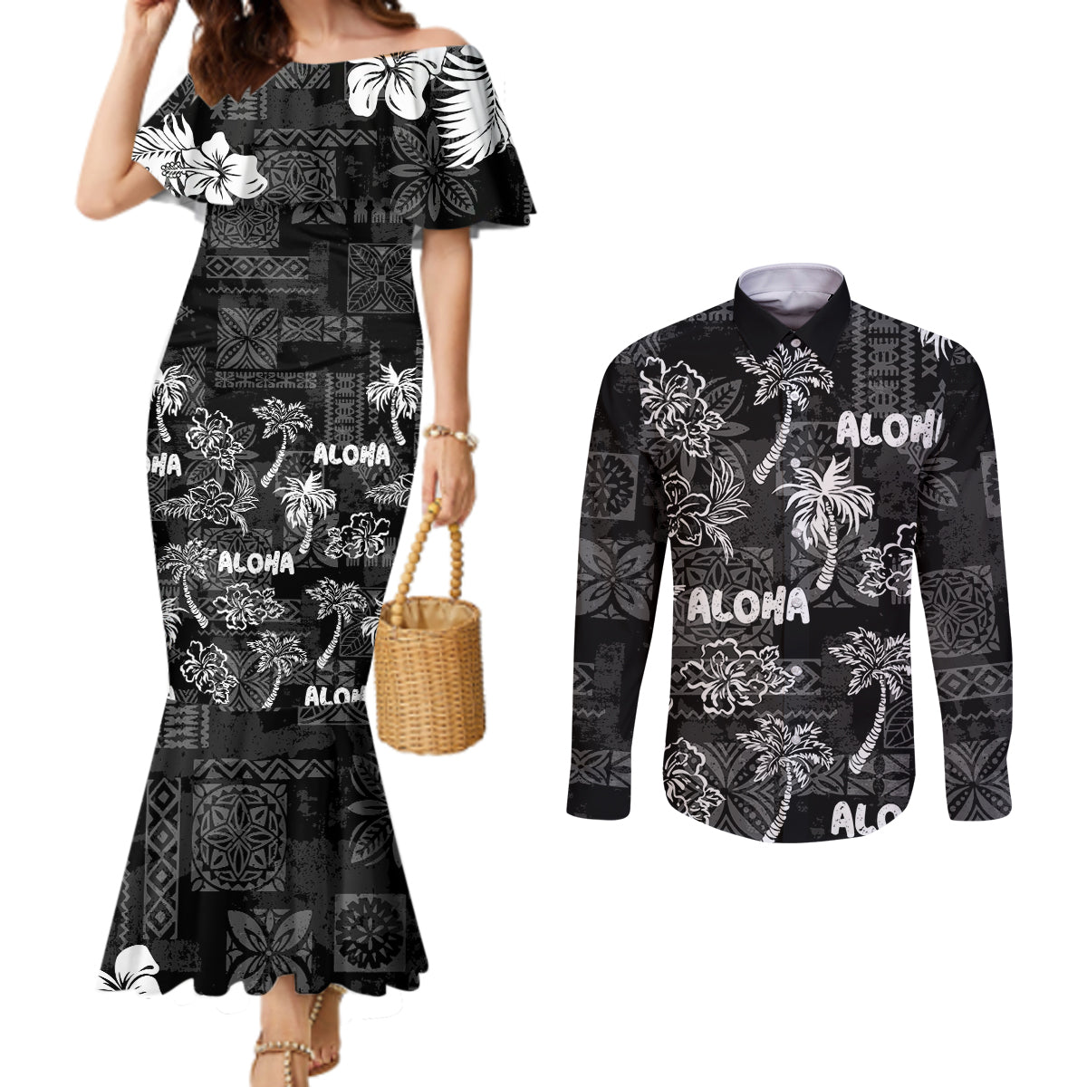 Aloha Vintage Quilt Couples Matching Mermaid Dress and Long Sleeve Button Shirt Hawaiian Seamless - Black LT7 Black - Polynesian Pride