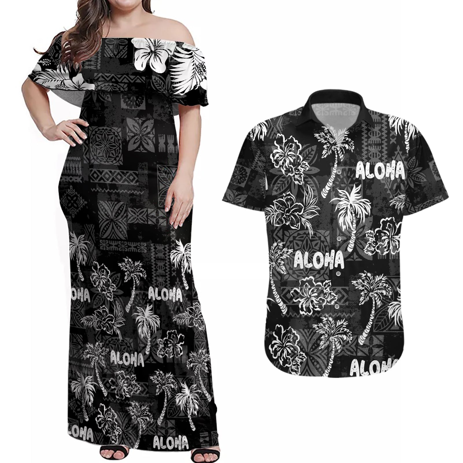 Aloha Vintage Quilt Couples Matching Off Shoulder Maxi Dress and Hawaiian Shirt Hawaiian Seamless - Black LT7 Black - Polynesian Pride