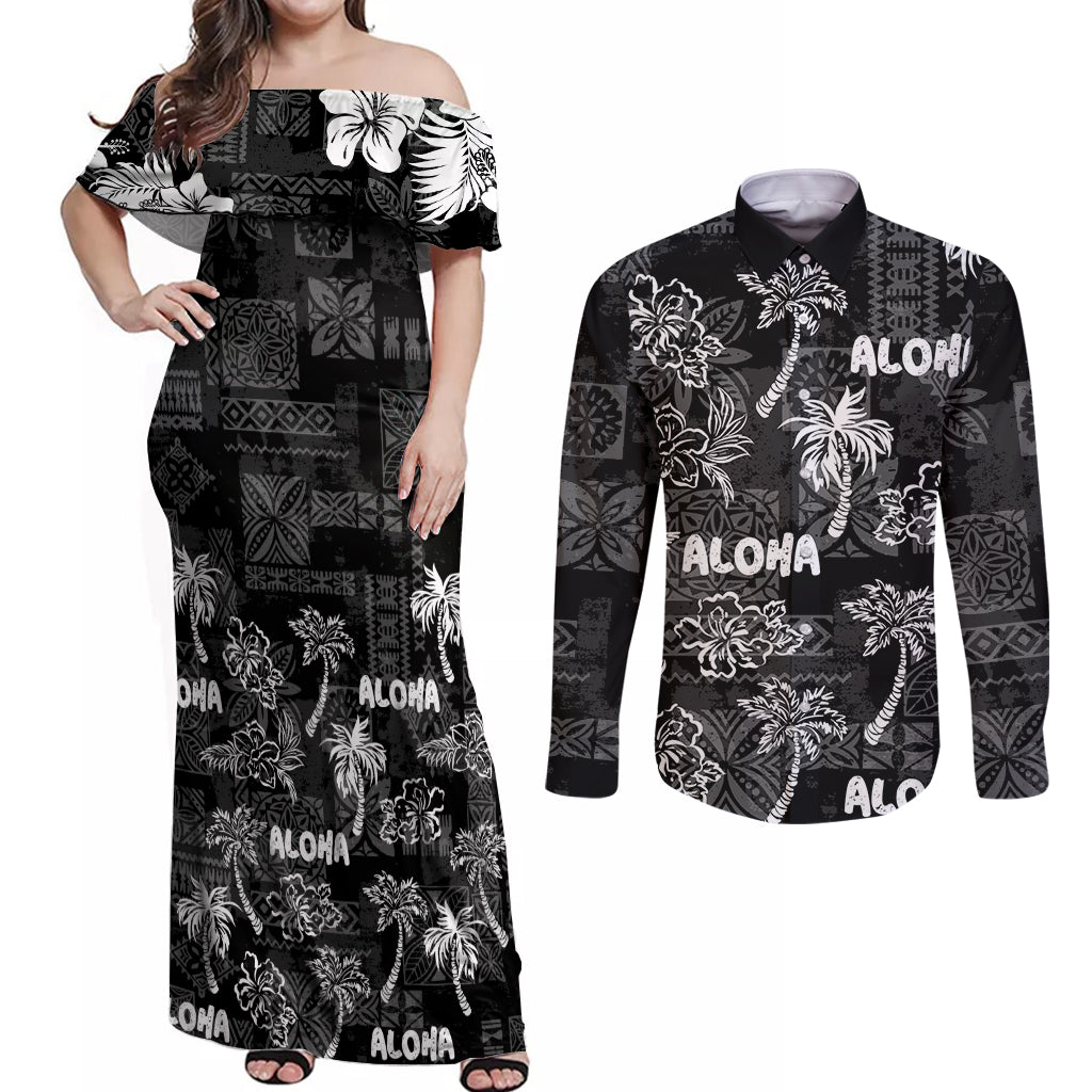 Aloha Vintage Quilt Couples Matching Off Shoulder Maxi Dress and Long Sleeve Button Shirt Hawaiian Seamless - Black LT7 Black - Polynesian Pride