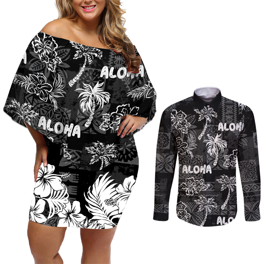 Aloha Vintage Quilt Couples Matching Off Shoulder Short Dress and Long Sleeve Button Shirt Hawaiian Seamless - Black LT7 Black - Polynesian Pride