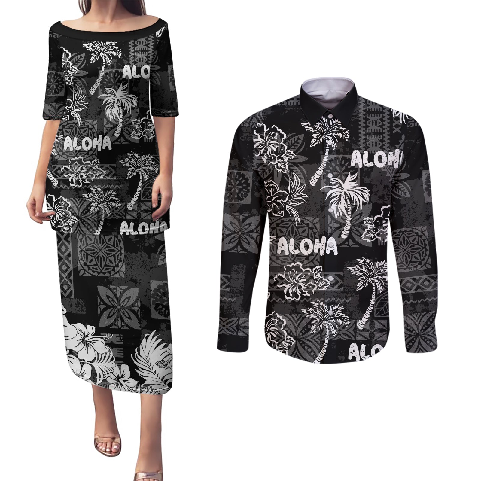 Aloha Vintage Quilt Couples Matching Puletasi Dress and Long Sleeve Button Shirt Hawaiian Seamless - Black LT7 Black - Polynesian Pride