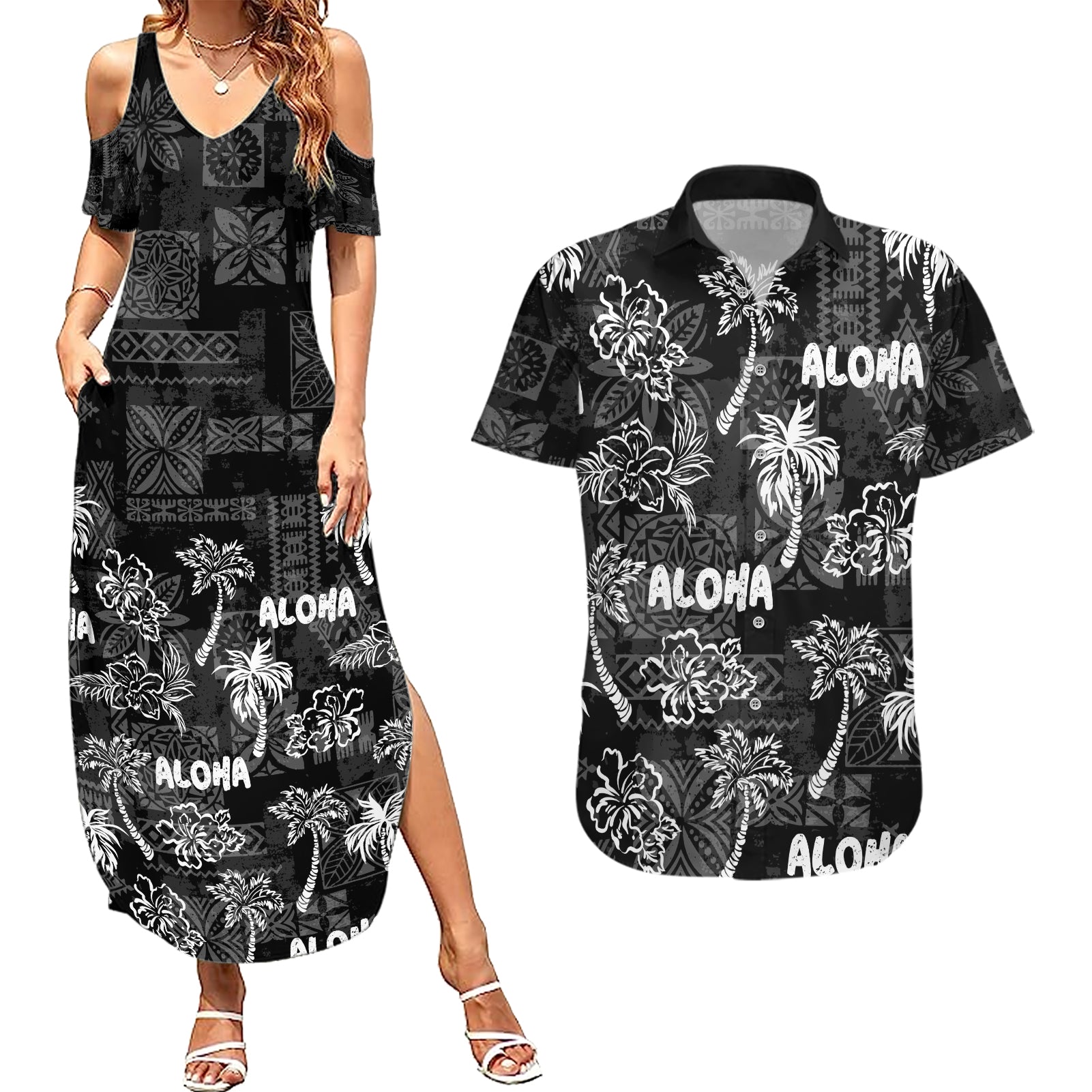 Aloha Vintage Quilt Couples Matching Summer Maxi Dress and Hawaiian Shirt Hawaiian Seamless - Black LT7 Black - Polynesian Pride