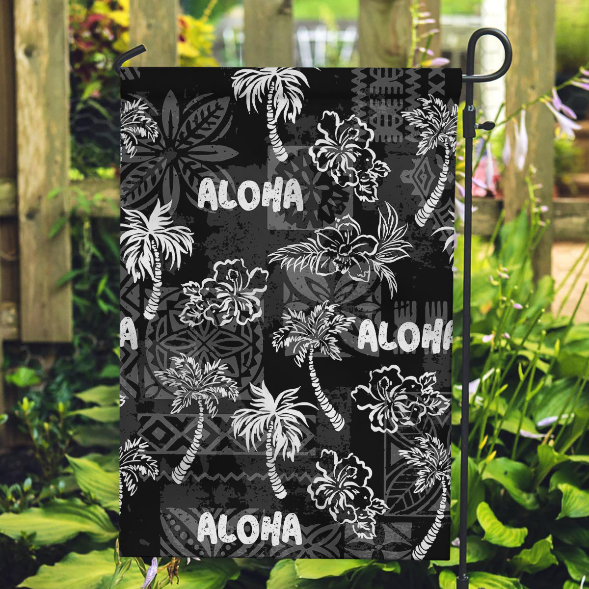 Aloha Vintage Quilt Garden Flag Hawaiian Seamless - Black LT7 Garden Flag Black - Polynesian Pride