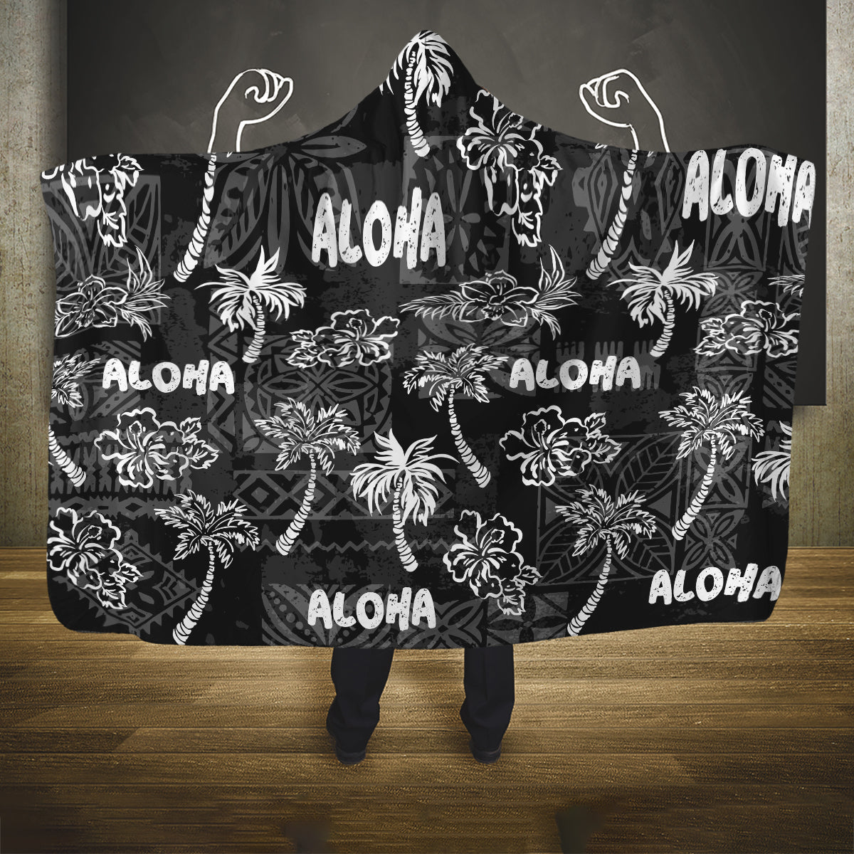 Aloha Vintage Quilt Hooded Blanket Hawaiian Seamless - Black LT7 One Size Black - Polynesian Pride