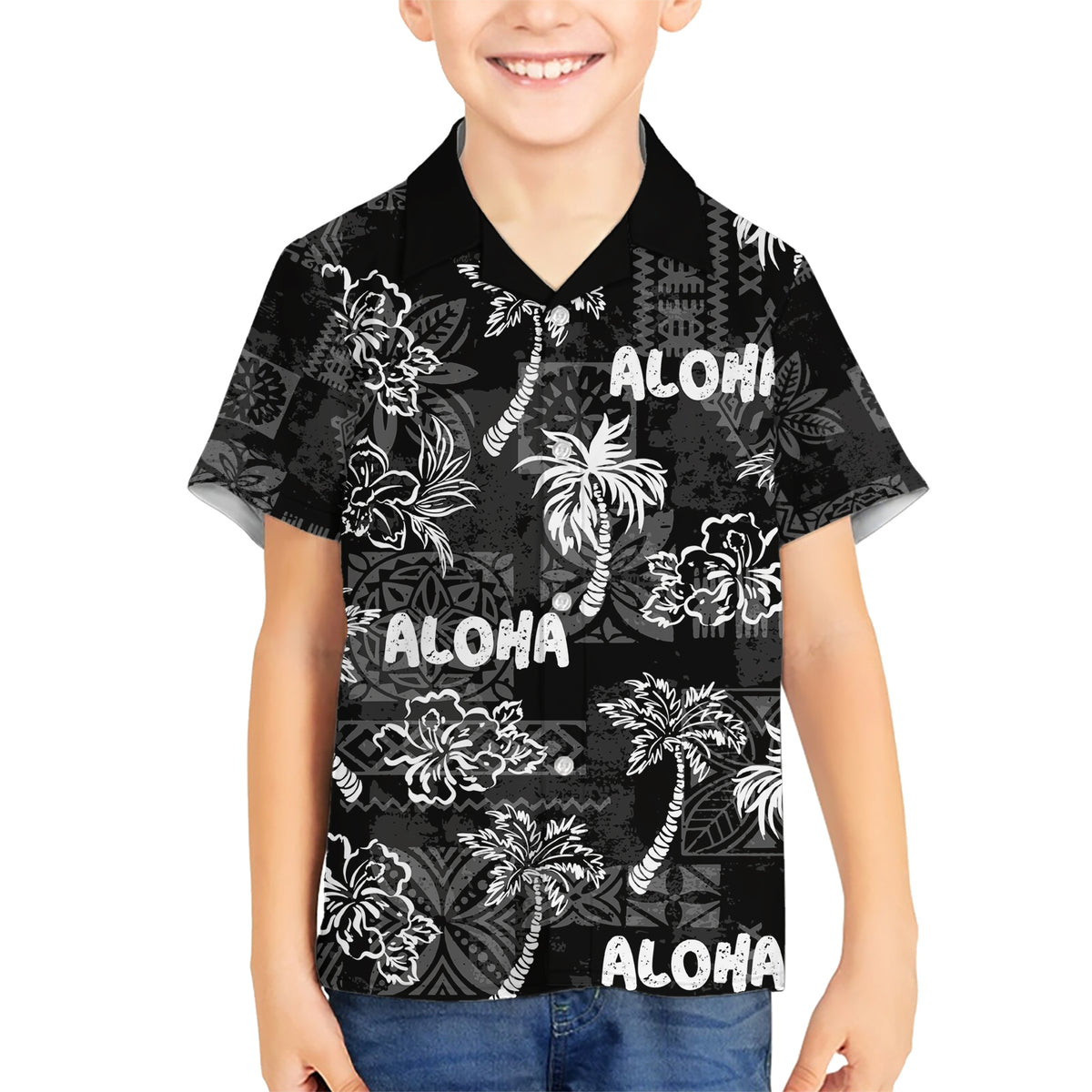 Aloha Vintage Quilt Kid Hawaiian Shirt Hawaiian Seamless - Black LT7 Kid Black - Polynesian Pride