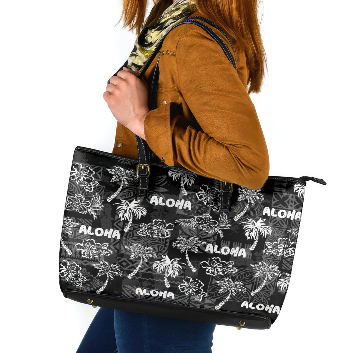 Aloha Vintage Quilt Leather Tote Bag Hawaiian Seamless - Black LT7 Black - Polynesian Pride