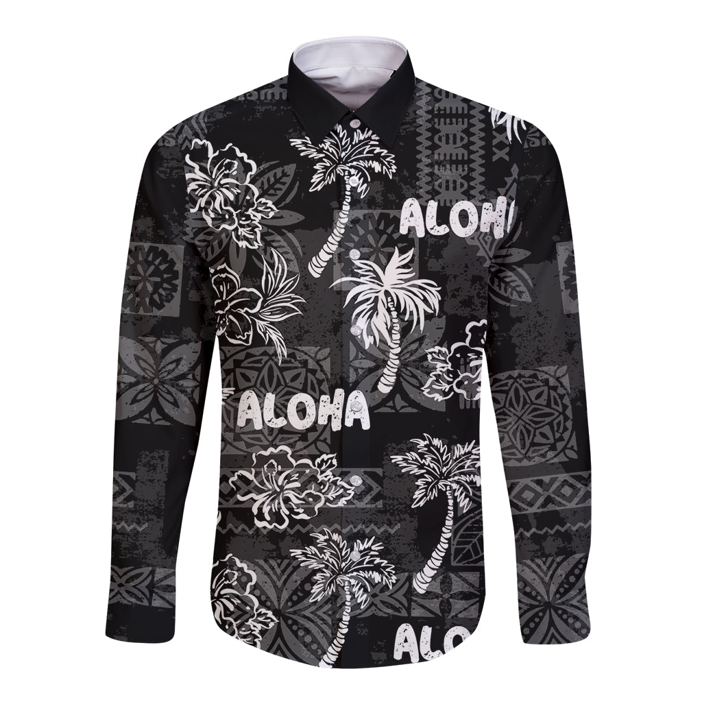 Aloha Vintage Quilt Long Sleeve Button Shirt Hawaiian Seamless - Black LT7 Unisex Black - Polynesian Pride