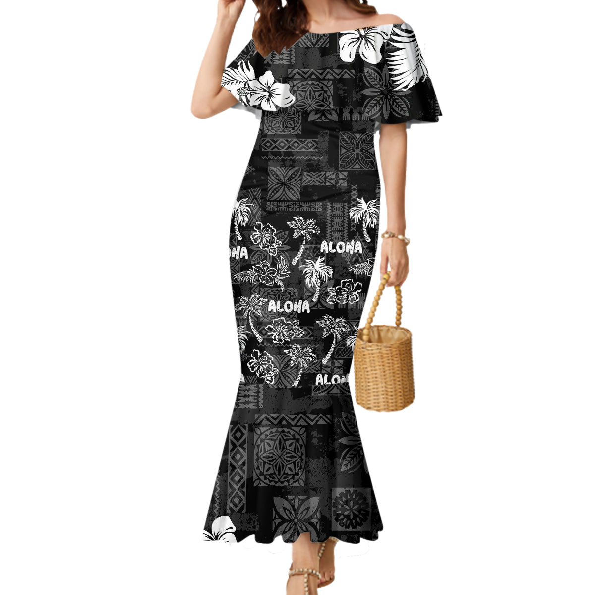 Aloha Vintage Quilt Mermaid Dress Hawaiian Seamless - Black LT7 Women Black - Polynesian Pride