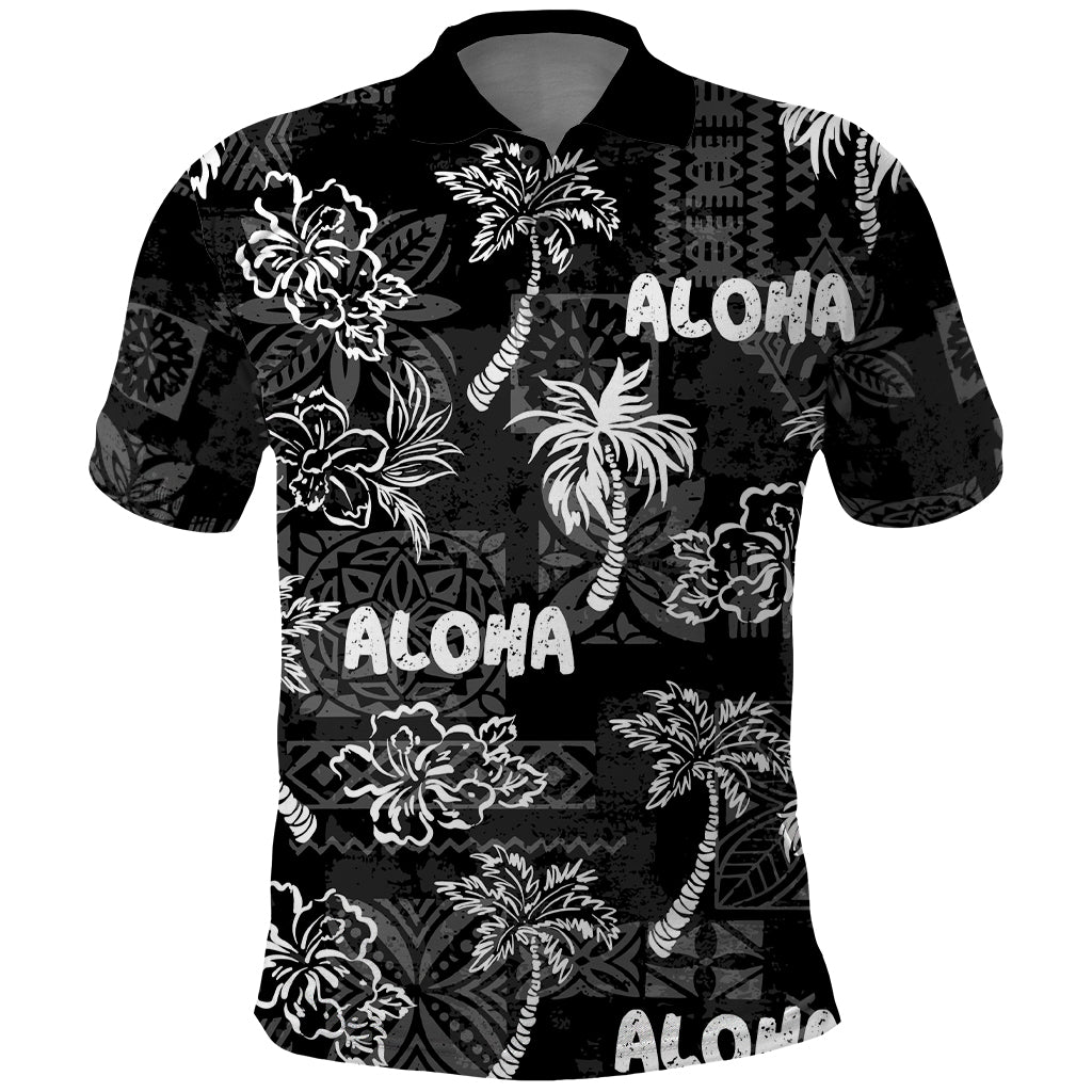 Aloha Vintage Quilt Polo Shirt Hawaiian Seamless - Black LT7 Black - Polynesian Pride